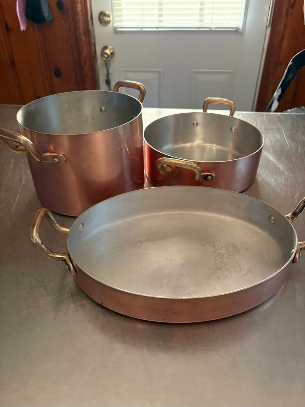 3 Piece Vintage Copper Cookware Brass Handles 2qt 1.5 qt 9 in au gratin